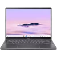 Acer Chromebook Plus 714 with 14" display, sleek silver design, backlit keyboard, and thin bezels showing a misty landscape.