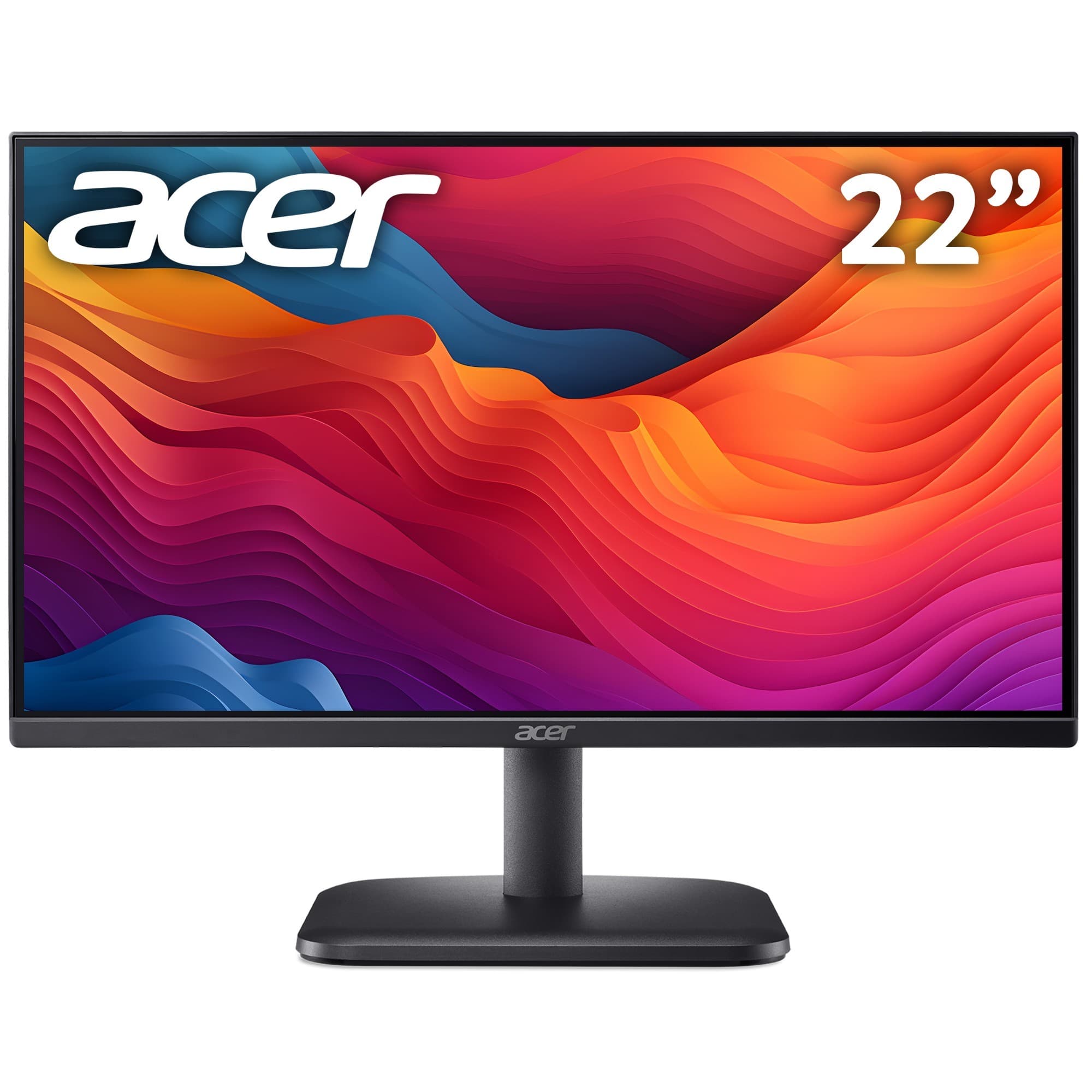 Acer EK1 EK221QH monitor features a sleek black design, 21.5" Full HD display with vibrant colors, 100Hz refresh rate, 1ms response time, and ZeroFrame technology for an immersive viewing experience.