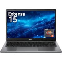 Acer Extensa 15 laptop, black keyboard, silver body, Ryzen 5 sticker, displaying blue digital wave screen.