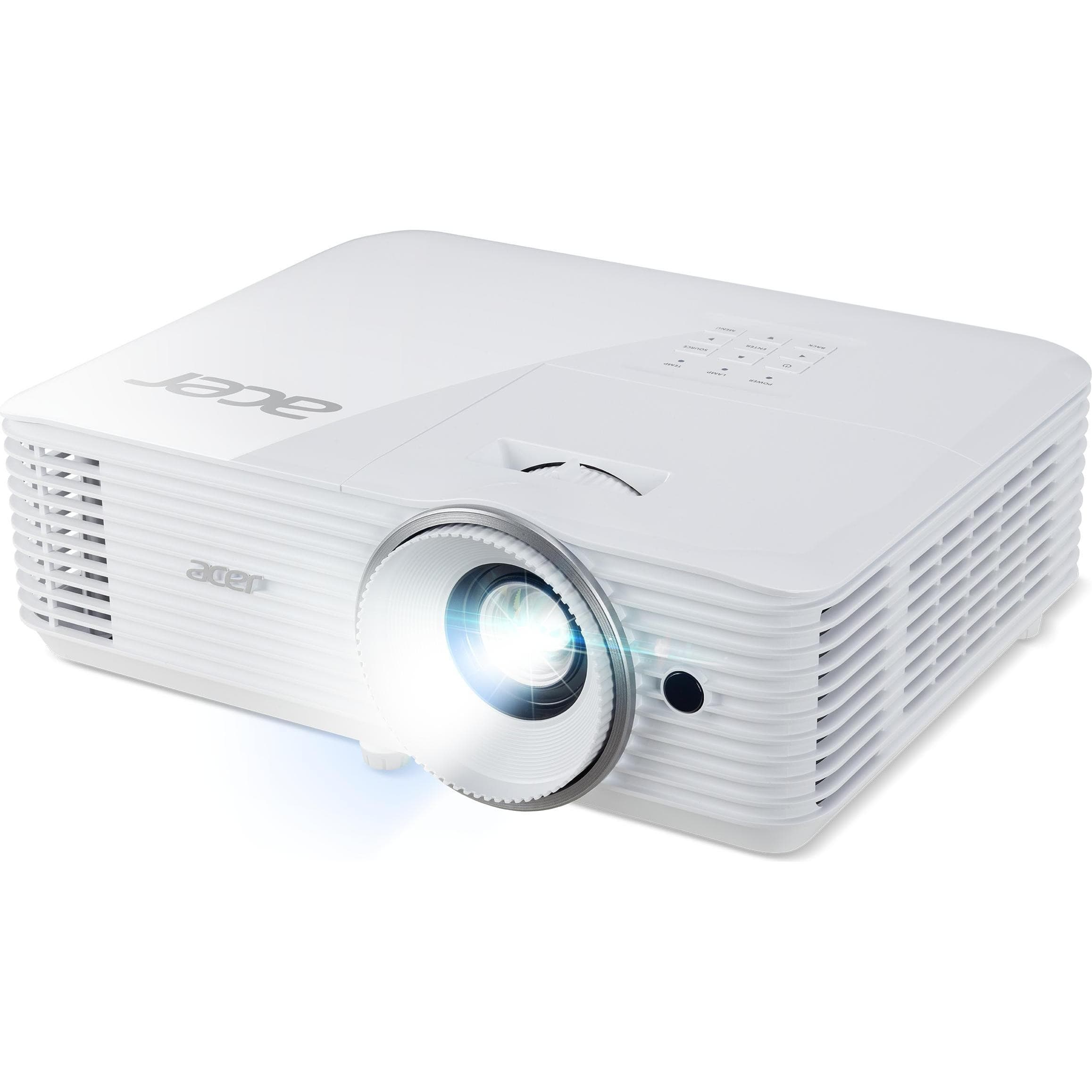 White Acer H6532BDi projector with a sleek design, featuring a prominent lens, control buttons on top, and a bright light beam projecting forward, ideal for 1080p displays.