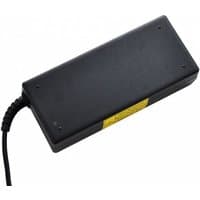 Black rectangular Acer power adapter with attached cord, featuring a yellow label and four corner screws.