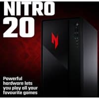 Black Acer NITRO 20 gaming desktop with red logo, sleek design, front panel ports, and minimalist style.