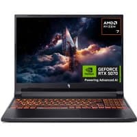 Acer Nitro V 16 laptop, black with red backlit keyboard, AMD Ryzen 7, NVIDIA GeForce RTX 5070 graphics.