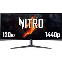 Curved Acer NITRO XZ340CURJ0 monitor, 34" WQHD, 21:9 ratio, 120Hz, 1ms response, sleek black design with stand.