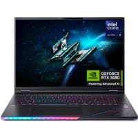 Acer Predator Helios 18 AI laptop with RGB keyboard, Intel Ultra 9, GeForce RTX 5080, 64GB RAM, 1TB SSD, sleek design.