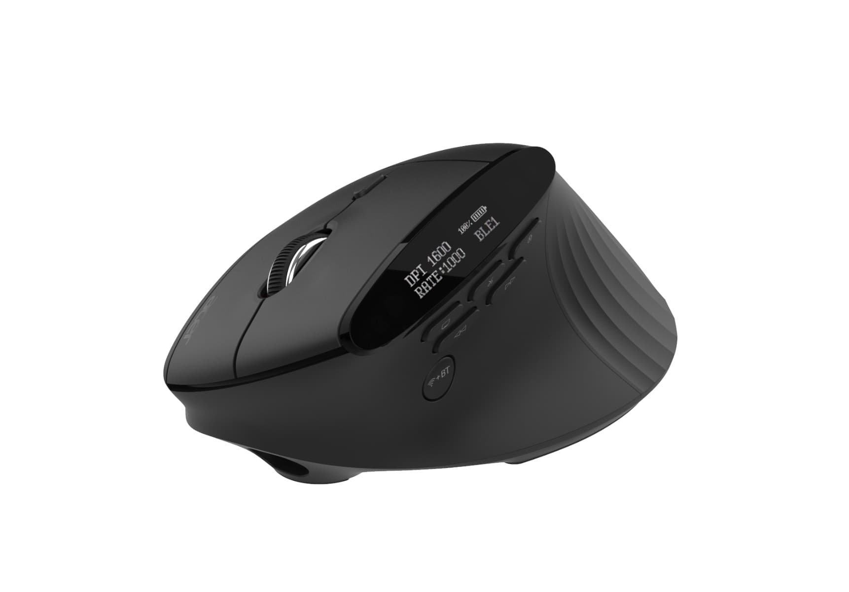 Black ergonomic right-hand RF wireless mouse with a textured grip, scroll wheel, and multiple buttons, featuring a sleek, modern design.