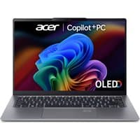 Sleek silver Acer Swift Go 14 laptop, thin bezel, 14-inch display, backlit keyboard, AMD Ryzen AI 7, OLED screen.