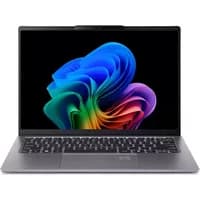 Acer Swift Go 14 laptop, silver, 14-inch display, thin bezels, backlit keyboard, colorful screen graphics.