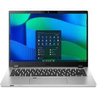Acer TravelMate P2 notebook, 14" WUXGA display, silver chassis, black keyboard, Windows 11 Pro interface on screen.