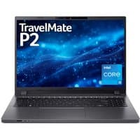 Black Acer TravelMate P2 laptop with Intel i5, 16GB RAM, 512GB SSD, 16-inch screen displaying blue digital design.