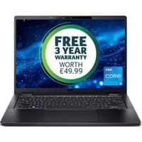 Black Acer TravelMate P6 laptop with Intel Core i5, 16GB RAM, 512GB SSD, featuring a 3-year warranty sticker on screen.