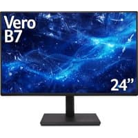 Acer Vero B7 23.8" monitor with slim bezels, black stand, and vibrant blue abstract display.