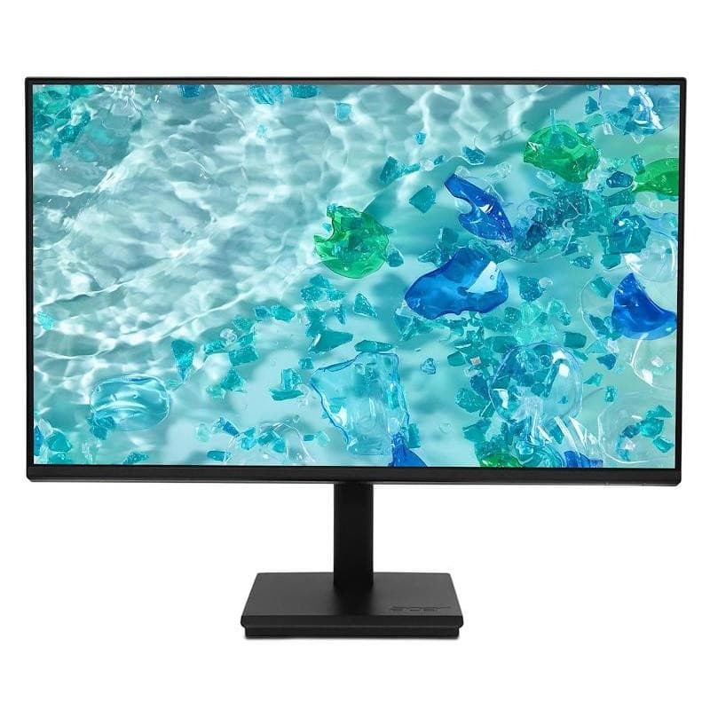 Acer Vero V7 V277Gbmipx monitor features a sleek black stand, a 27-inch display with a vibrant image of blue and green glass pieces in water, showcasing its high-resolution clarity.
