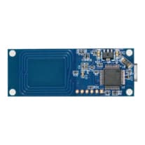 Blue circuit board with a rectangular shape, featuring an integrated chip, various electronic components, and a connector on one end.