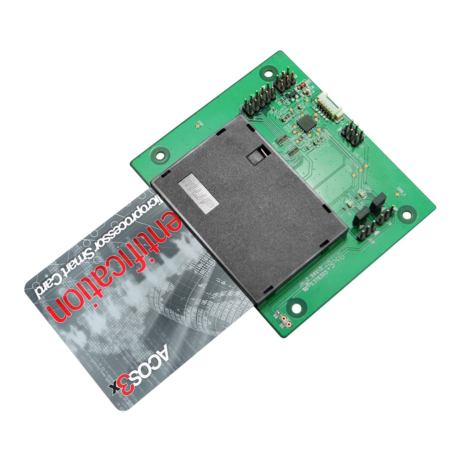 Green circuit board with a black card slot and various electronic components, accompanied by a certification card featuring a gray and red design.