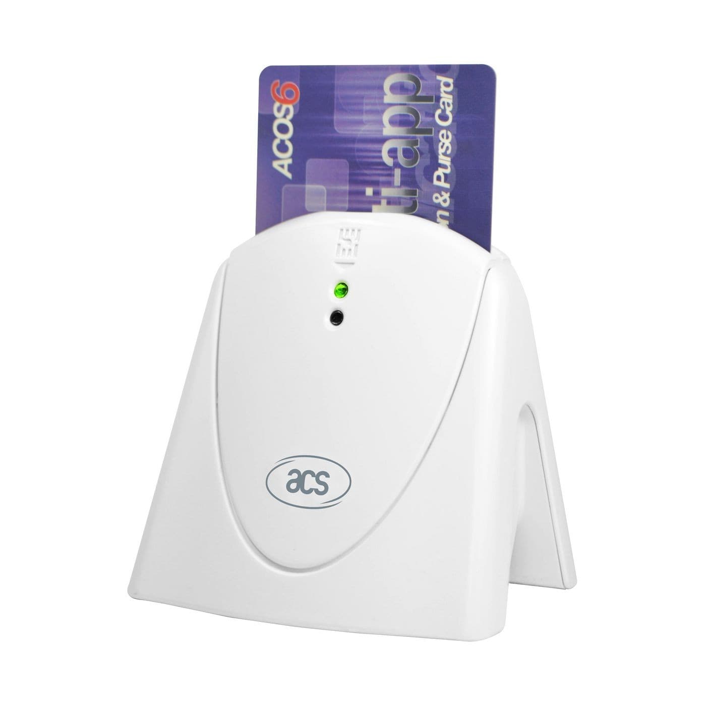 White plastic card reader with a sloped design, featuring a green LED indicator and a card partially inserted, branded with "ACS" on the front.