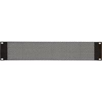 Black Adastra 2U perforated rack panel, rectangular with a mesh center and four mounting holes at the corners.