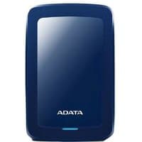 Blue ADATA HV300 1TB external hard drive with black trim and glossy front panel.