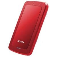Red ADATA HV300 external hard drive, sleek design with textured edges and ADATA logo on the front.