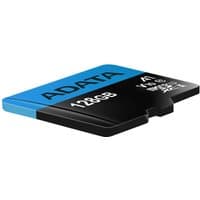 Black and blue ADATA Premier 128 GB MicroSDXC UHS-I Class 10 memory card with white text.