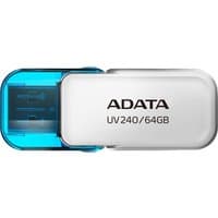 White ADATA UV240 USB flash drive, 64GB, with blue transparent cap, USB Type-A 2.0 connector visible.