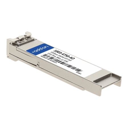 Silver metal transceiver module with a label featuring "AddOn" and "1003-4750 AO," designed for optical networking applications.