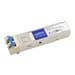 Compact white transceiver module with blue and white labeling, featuring LC connectors for fiber optic connections, designed for 10km reach in SFP format.