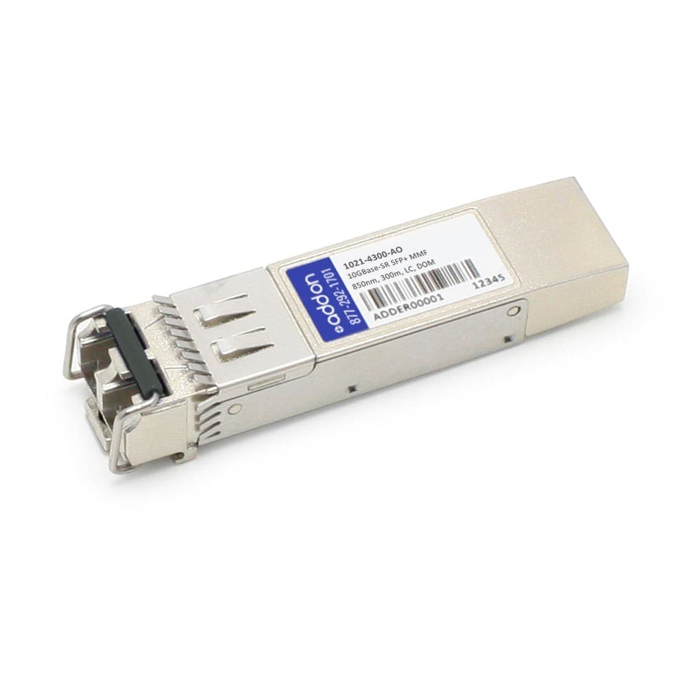 Silver metal network transceiver module with a compact design, featuring a connector at one end and a label on the side indicating model number 1021-4300-AO by AddOn Networks.
