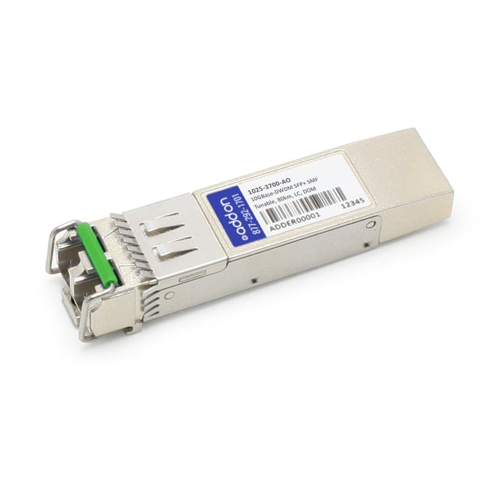 Silver metal transceiver module with a green latch, labeled "AddOn Networks 1025-3700-AO," designed for fiber optic SFP connections.