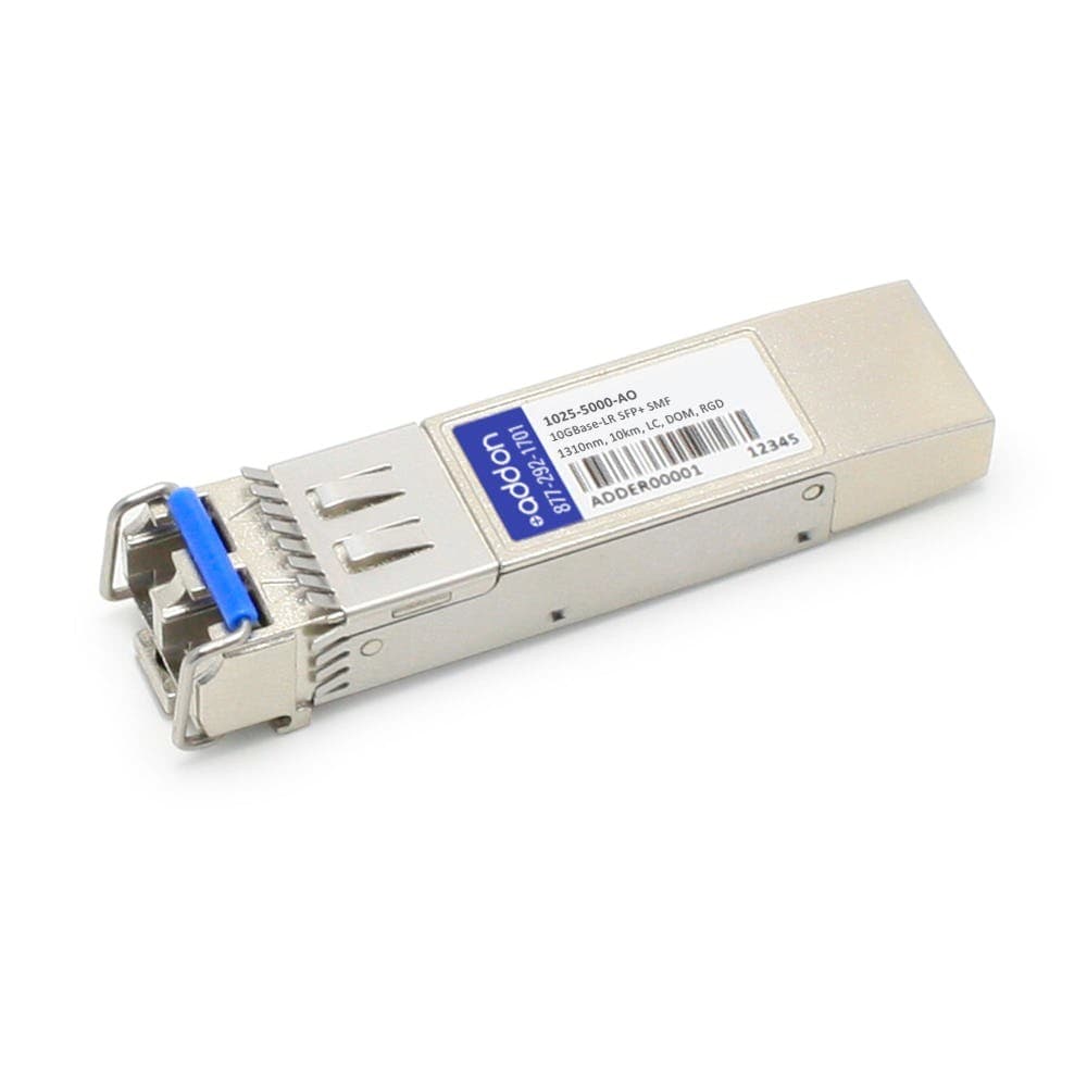 Silver metal network transceiver module with a blue latch, labeled "AddOn Networks 1025-5000-AO," designed for fiber optic SFP connections.