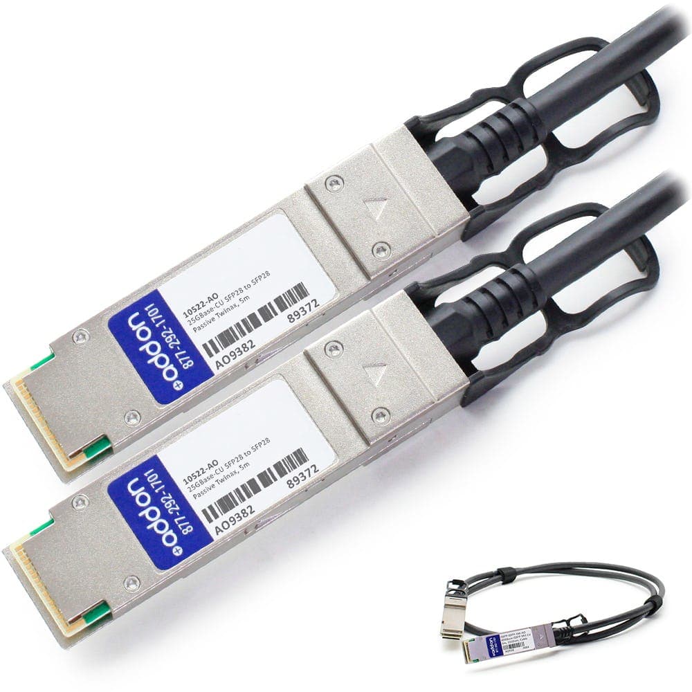Two Mellanox Comp Qsfp56 Ampo-12 200G-SR4 transceivers with a metallic finish, featuring labeled connectors and a short cable for high-speed data transmission.