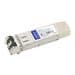 Addon Extreme Networks 10301 compatible Taa compliant 10Gbase-SR SFP+ transceiver module in a silver metal casing with a label featuring blue and black text.