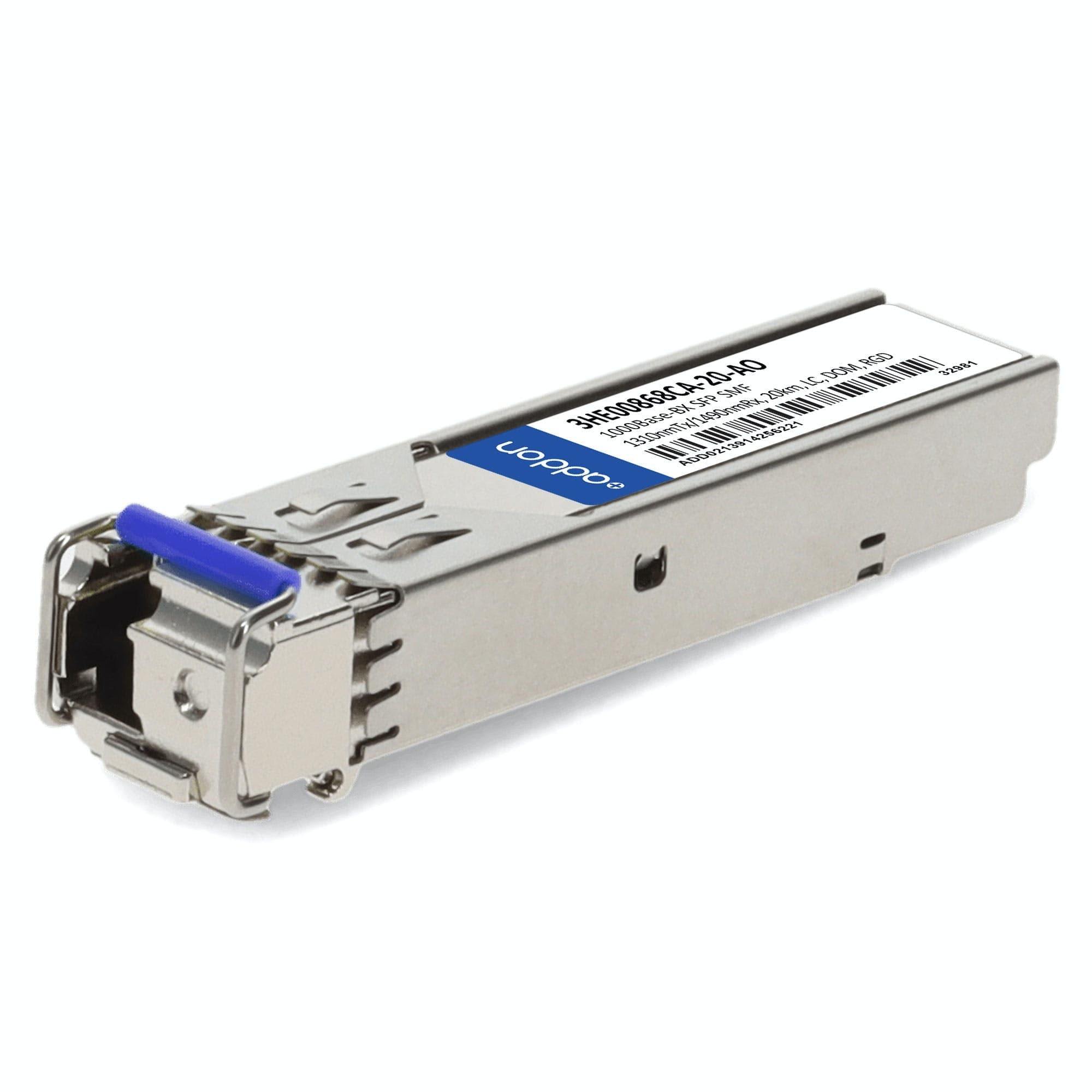 Compact silver SFP transceiver module with a blue latch, labeled "3HE00868CA-20," designed for 1G-BX connectivity, featuring a metal housing for durability.