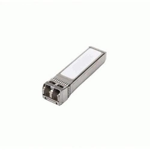 Silver metal SFP+ transceiver with a clear plastic top, labeled for 10GBASE-SR compatibility, featuring a connector at one end for high-speed network connections.