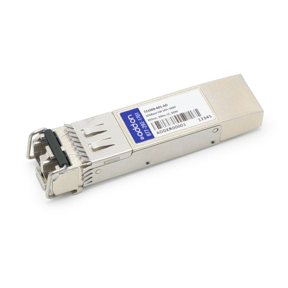Silver metal SFP+ transceiver module with a label on the side, featuring a connector on one end and a compact design for 10Gbase-SW compatibility.