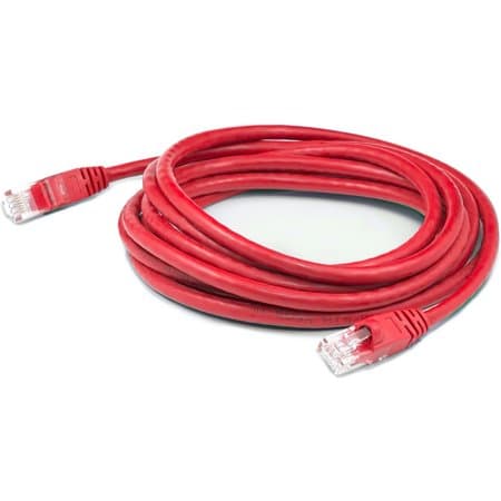 2ft red RJ-45 male-to-male Cat6a patch cable with flexible PVC insulation, featuring clear connectors at both ends for reliable network connections.