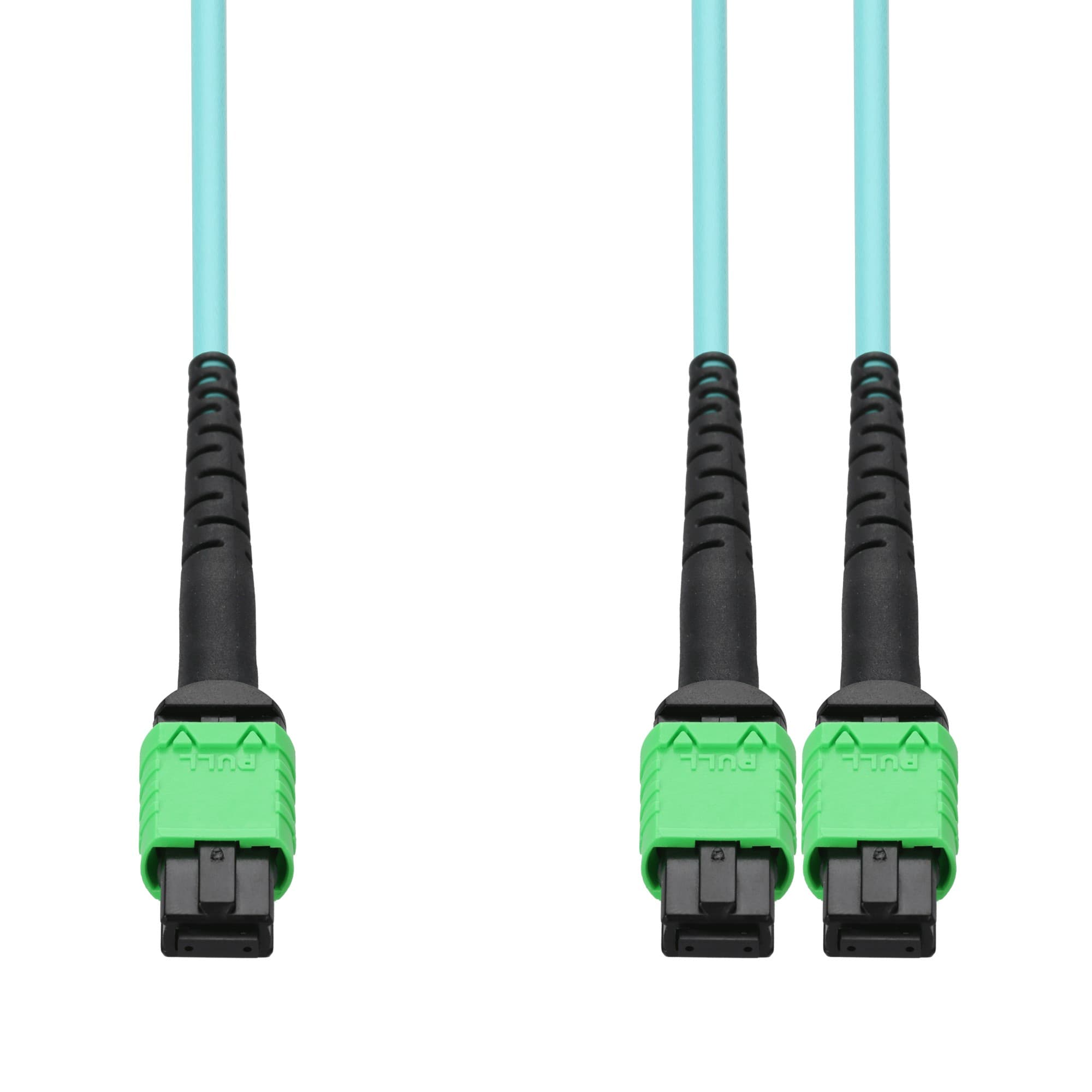 Turquoise InfiniBand/fibre optic cable with two green connectors, designed for high-speed data transmission, measuring 5 meters in length.