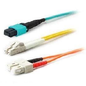 Turquoise and yellow fibre optic cables with LC connectors, featuring a 10-meter length, designed for high-speed data transmission.