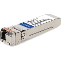 Silver AddOn Networks SFP module with blue label, black port, and barcode on top.