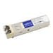 Addon Juniper Networks Ex-Sfp-1Ge-Sx module in a beige housing with a blue label, featuring two optical connectors and a compact design for network connectivity.