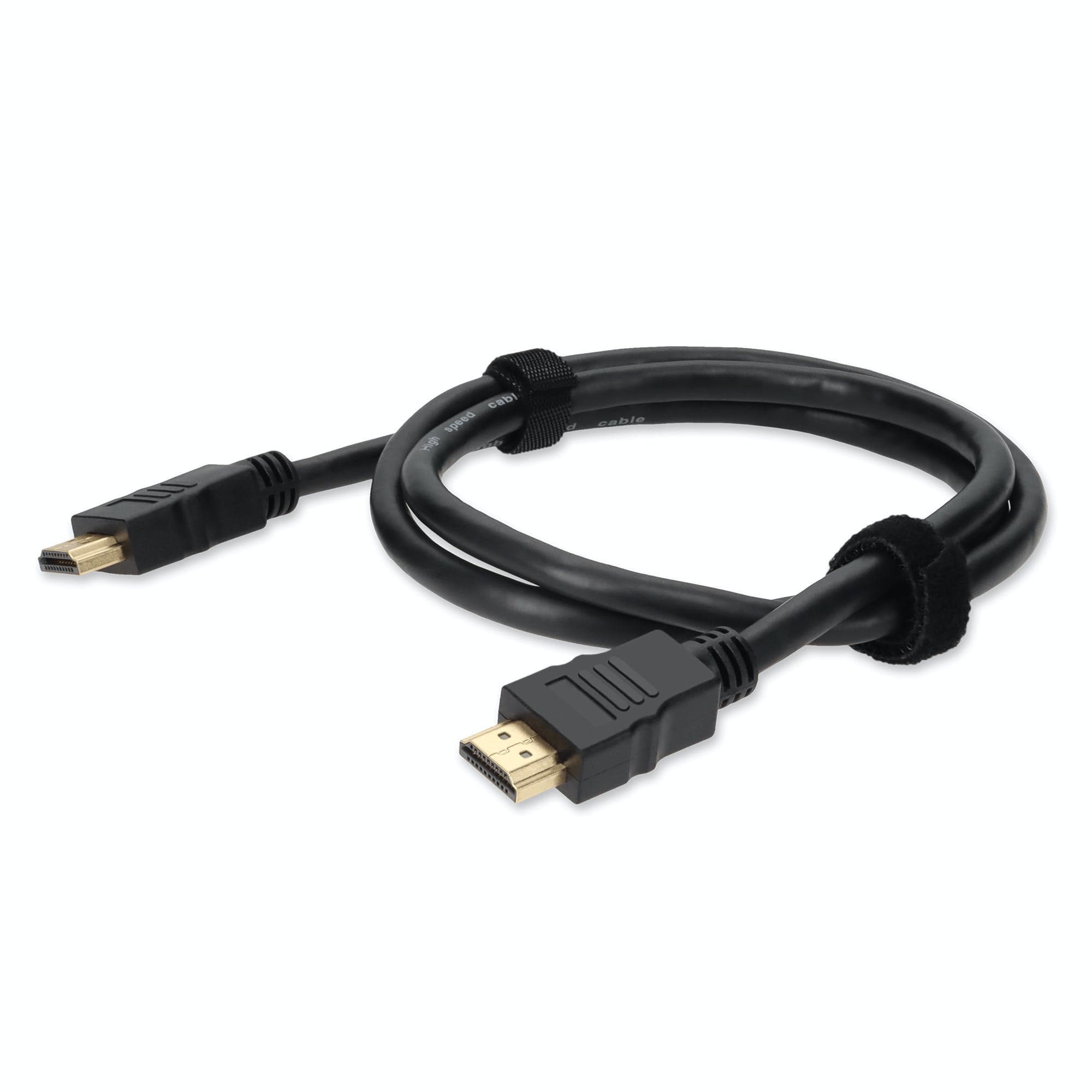 Black 1-meter HDMI cable with standard Type A connectors on both ends, featuring gold-plated tips and secured with Velcro straps for easy organization.