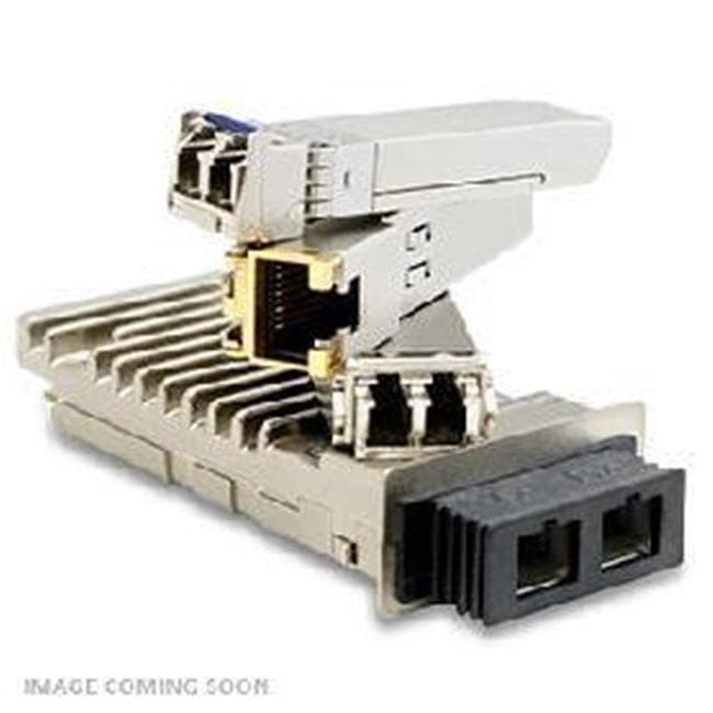 Compact silver and black SFP transceiver with multiple ports, featuring a sleek design and metallic finish, suitable for network connectivity.