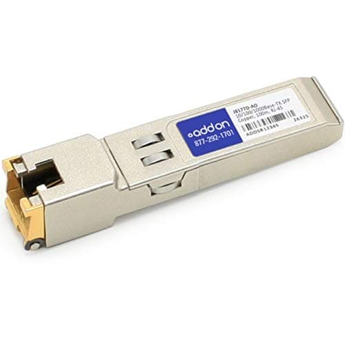 Silver metal SFP module with gold connectors, featuring a blue label with white text, designed for 10/100/1000Base-TX compatibility by AddOn Networks.