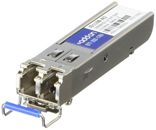 Silver metal SFP transceiver with a blue latch, labeled "Addon JD119B," designed for 1000Base-LX compatibility and TAA compliance, featuring two optical ports.