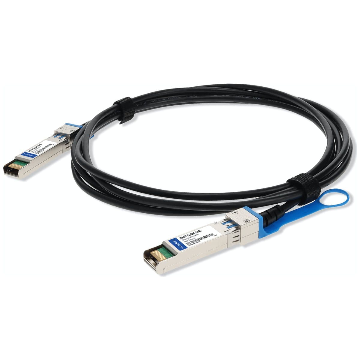 Black 2-meter InfiniBand/fibre optic cable with two SFP connectors, featuring a blue pull tab and labeled ends for easy identification.