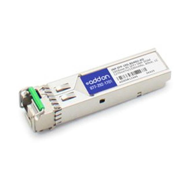 Silver metal SFP28 transceiver module with a green latch, featuring a blue label with white text, designed for 25GBASE-CU connectivity, compatible with Juniper Networks.