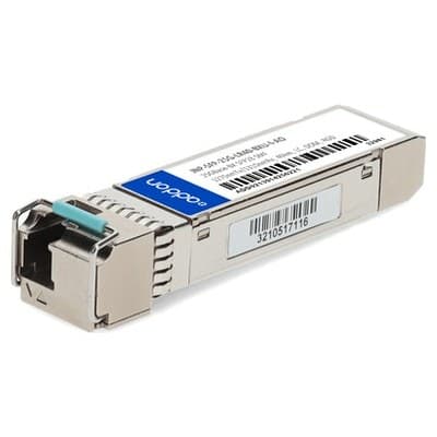 Silver metal network transceiver module with a blue latch, featuring a barcode label and product information on a white background.