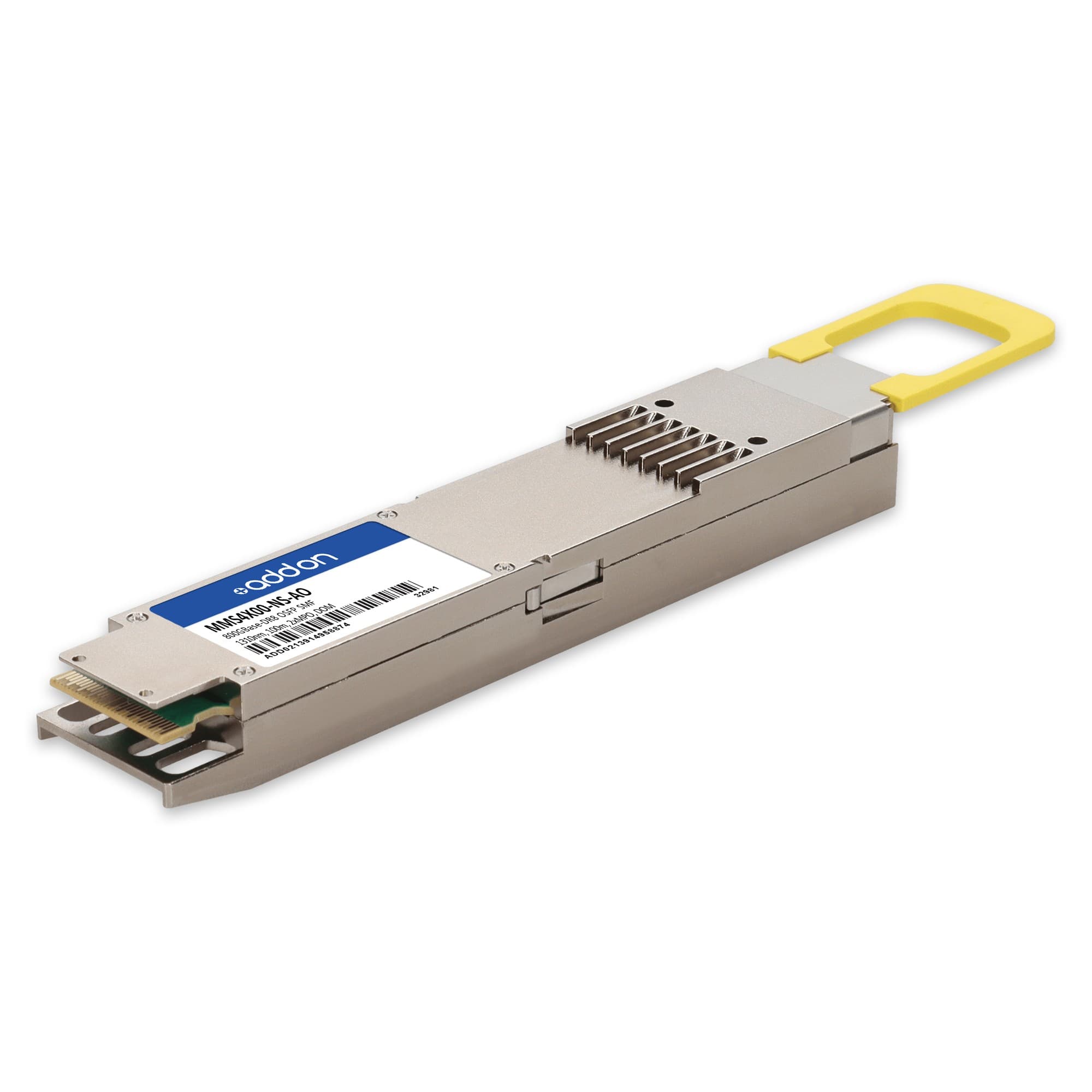 Silver metal network transceiver module with a yellow pull tab, featuring a blue label with white text, designed for fiber optic connections.