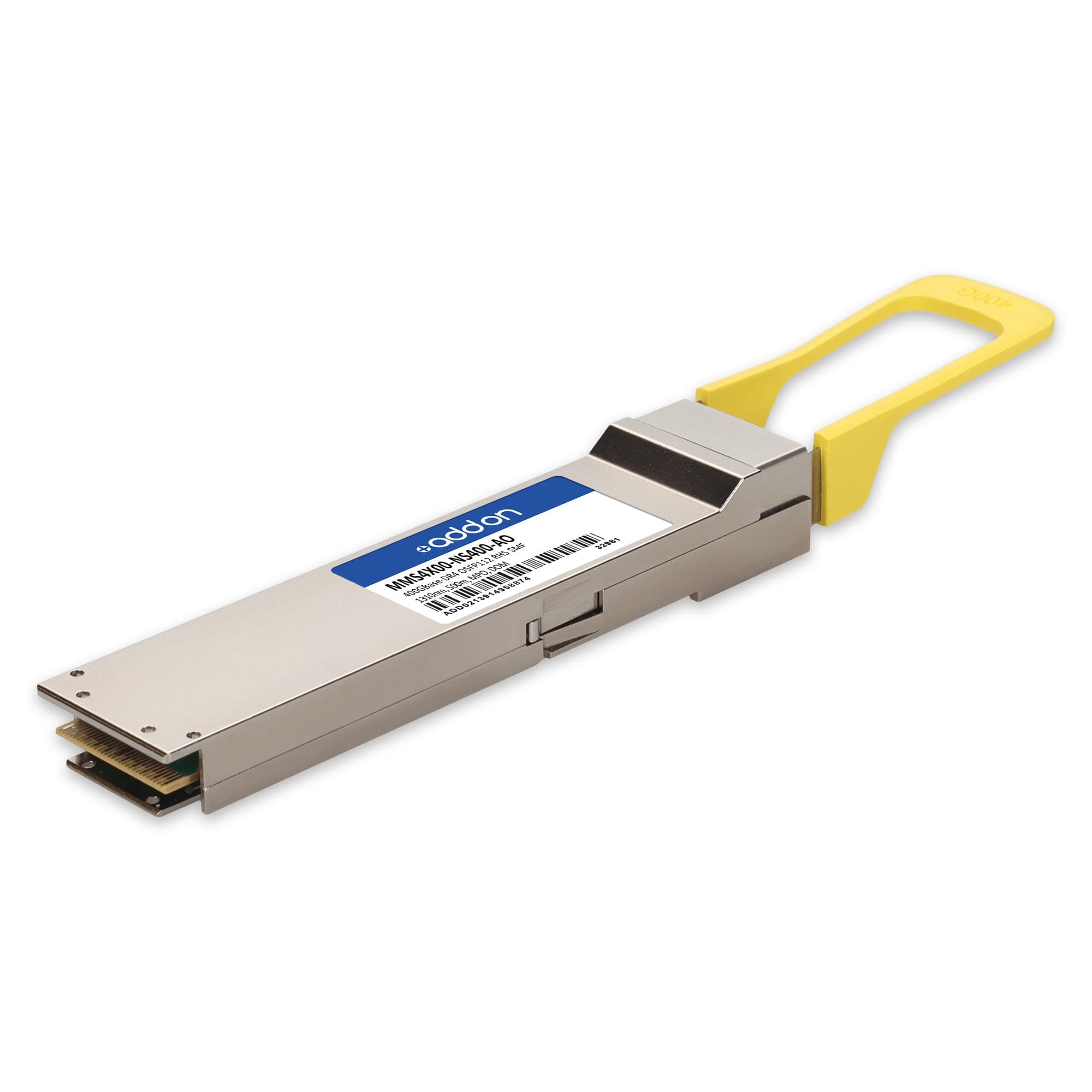 Silver fiber optic transceiver module with a yellow pull tab, featuring a blue label with product information and a sleek, rectangular design for network connectivity.