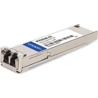 Silver AddOn Networks NTK583AB-AO fiber optic transceiver module with dual ports and blue label.
